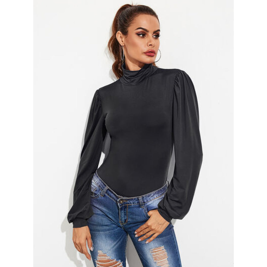 Backless Tie-Waist Turtleneck Lantern Sleeve Bodysuit Black / S Clothing