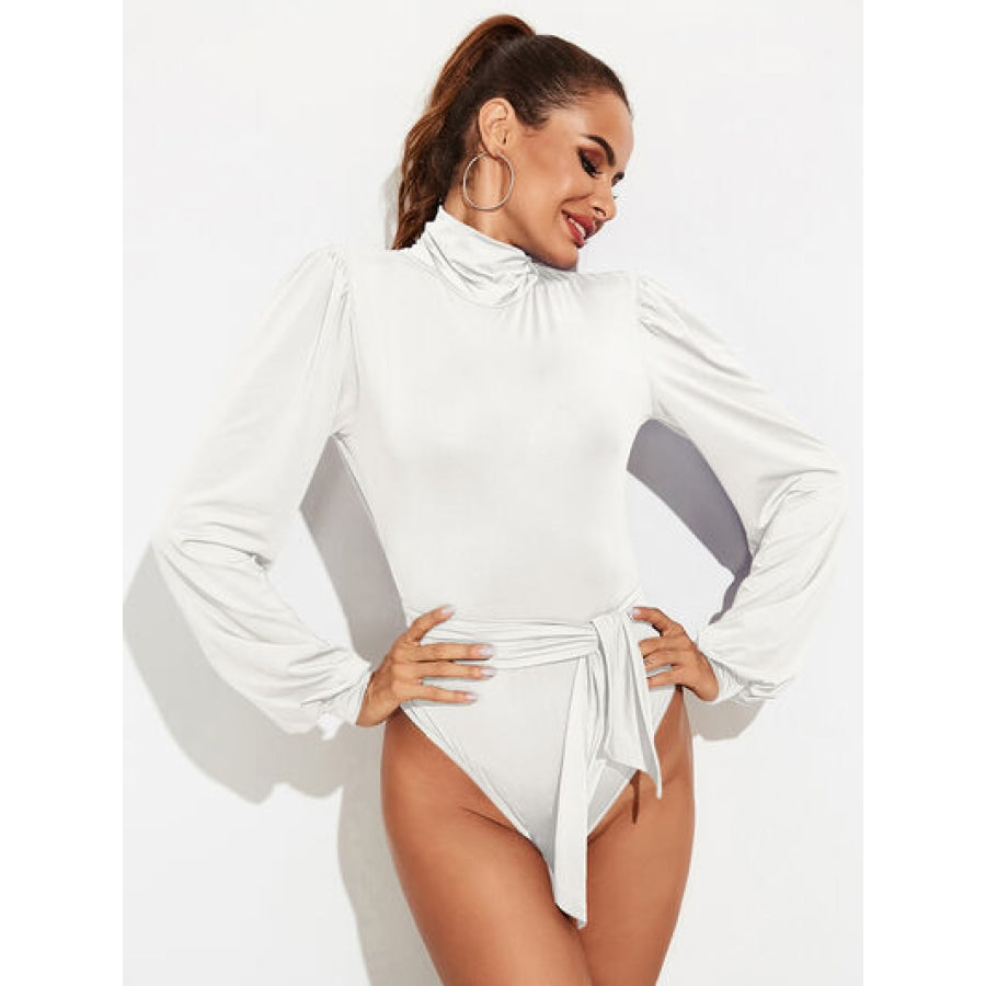 Backless Tie-Waist Turtleneck Lantern Sleeve Bodysuit Clothing