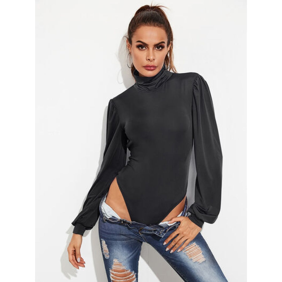 Backless Tie-Waist Turtleneck Lantern Sleeve Bodysuit Clothing