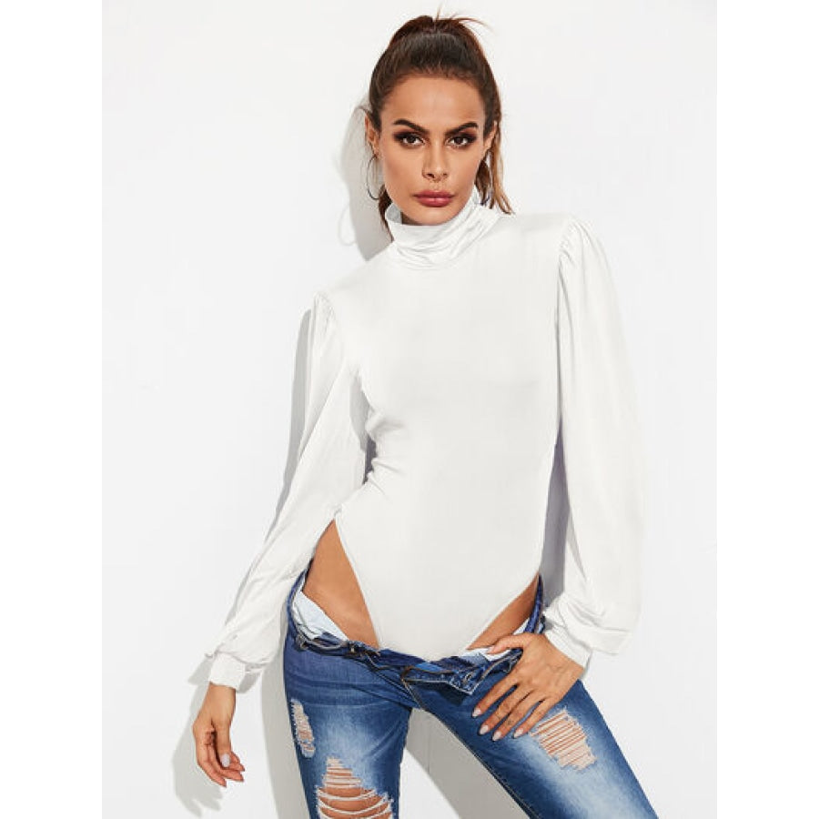 Backless Tie-Waist Turtleneck Lantern Sleeve Bodysuit Clothing