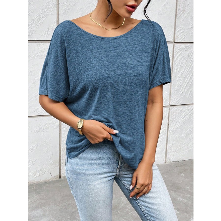 Backless Twisted Round Neck Half Sleeve T-Shirt Dusty Blue / S Apparel and Accessories