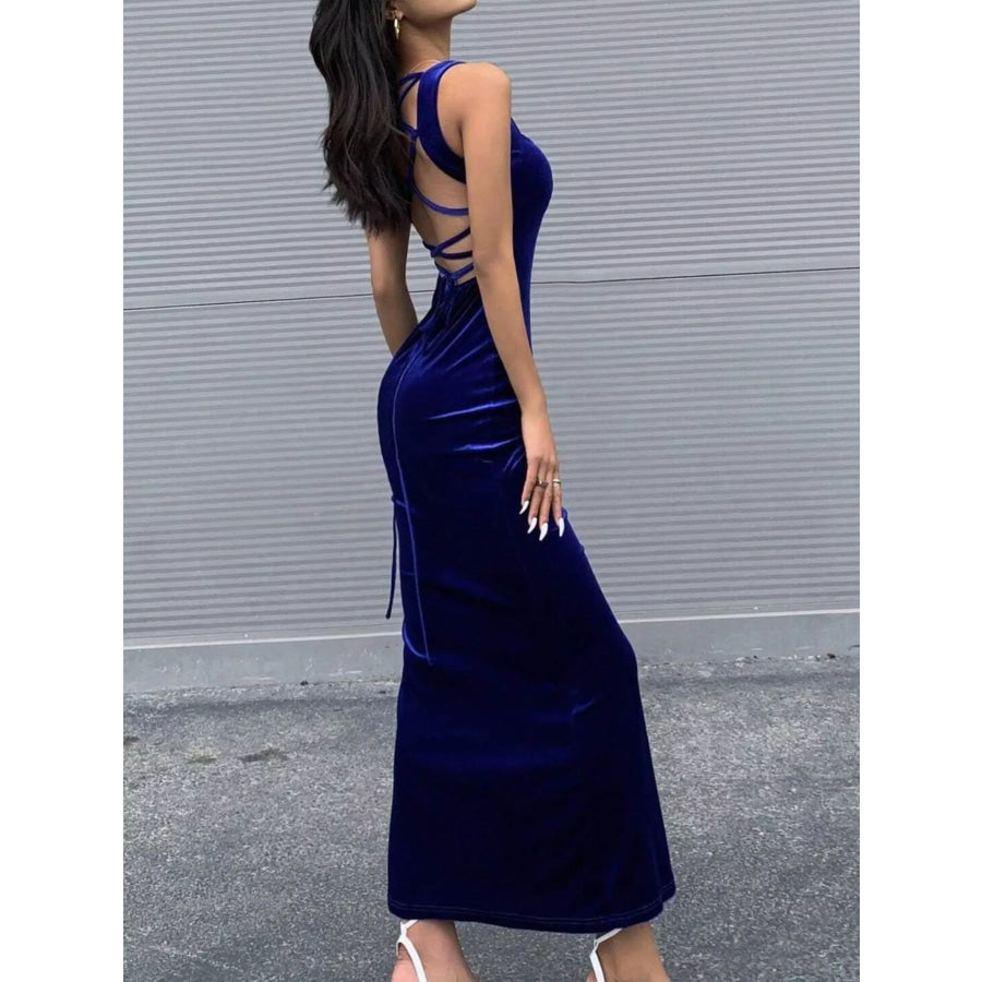 Backless Velvet Bodycon Maxi Dress with Back Lace Up Apparel and Accessories