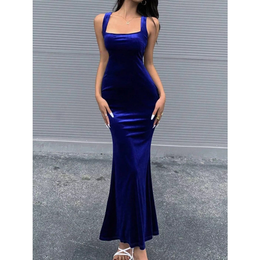 Backless Velvet Bodycon Maxi Dress with Back Lace Up Royal Blue / S Apparel and Accessories