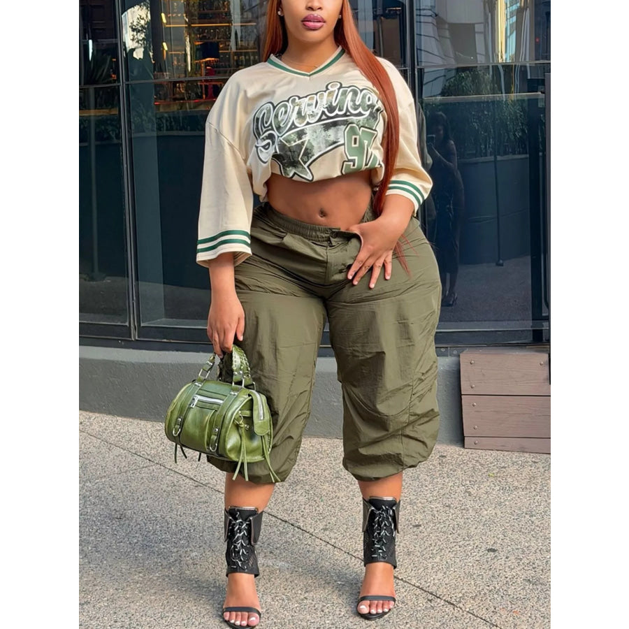 Baggy Cargo Cropped Pants Army Green / S Apparel and Accessories