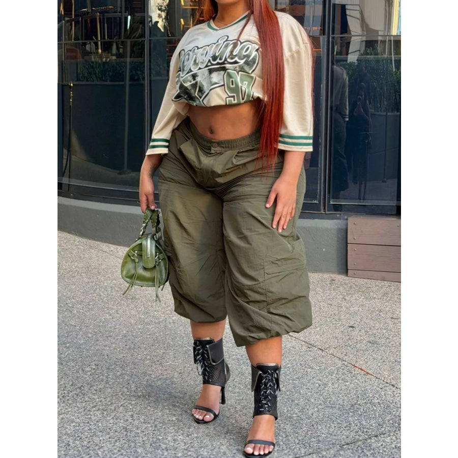 Baggy Cargo Cropped Pants Army Green / S Apparel and Accessories