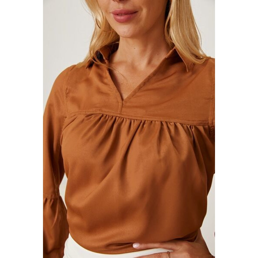 Balloon Sleeve Collared Neck Blouse Apparel and Accessories