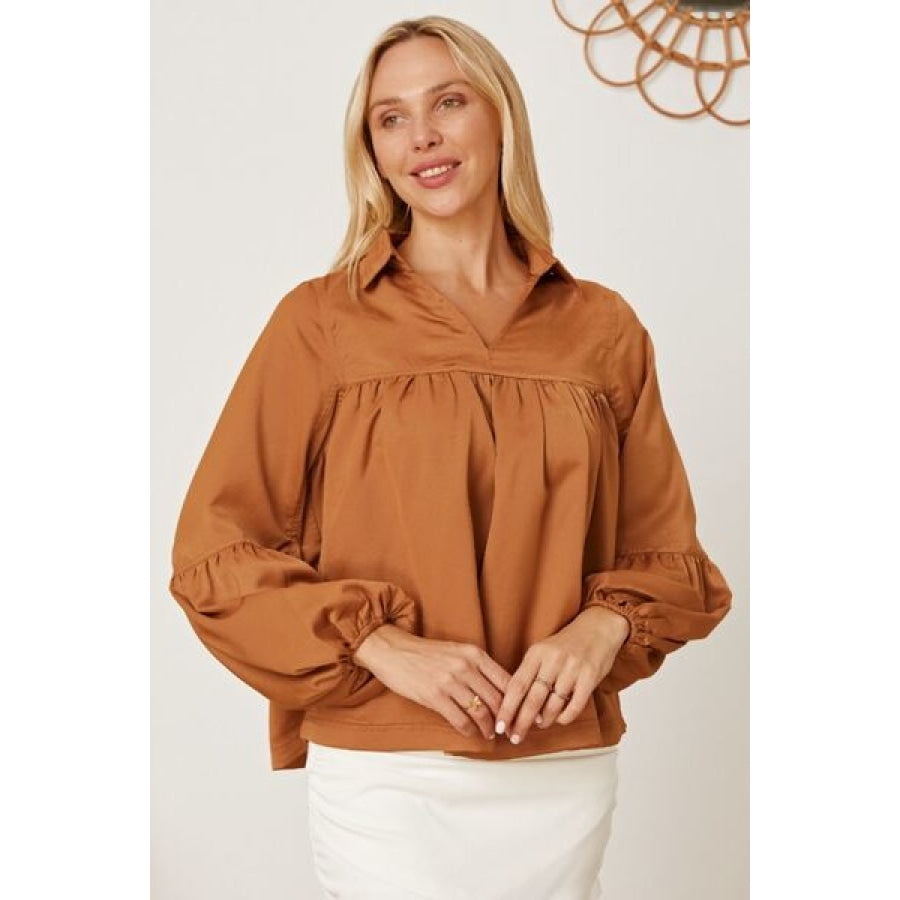 Balloon Sleeve Collared Neck Blouse Apparel and Accessories