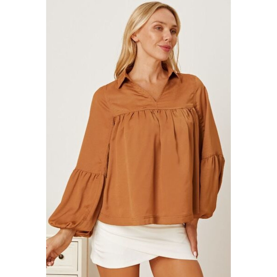 Balloon Sleeve Collared Neck Blouse Apparel and Accessories