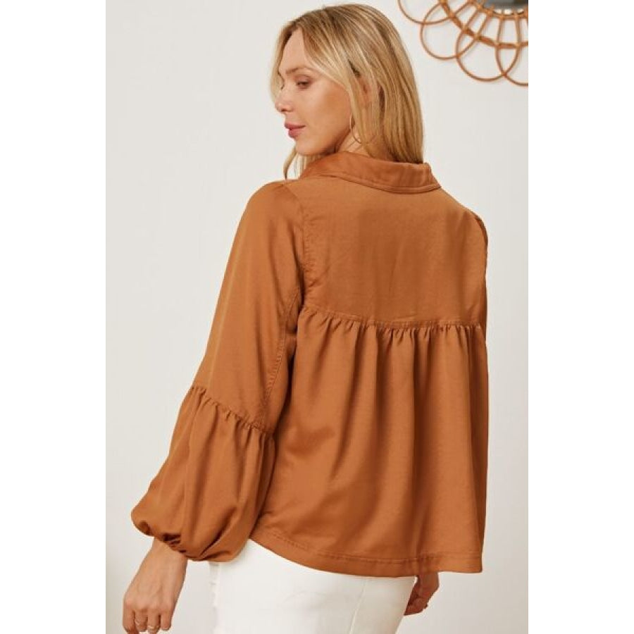 Balloon Sleeve Collared Neck Blouse Apparel and Accessories