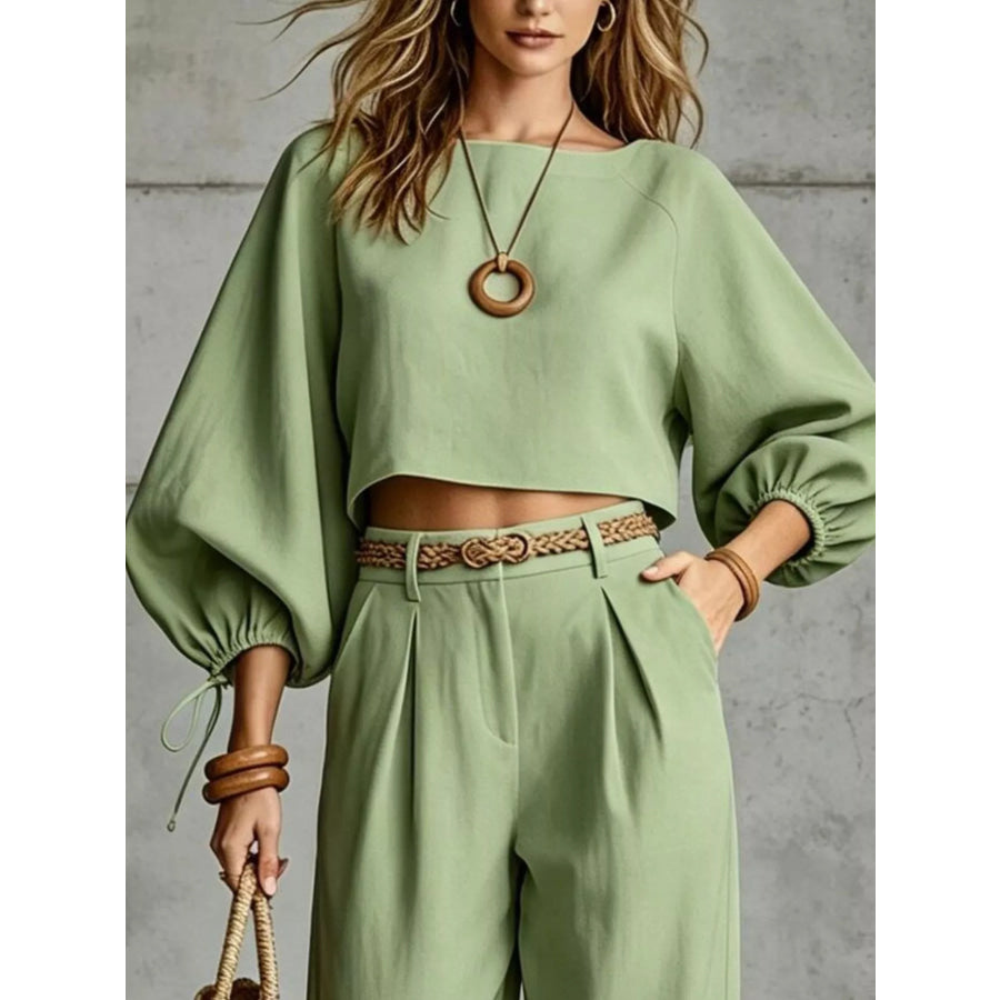 Balloon Sleeve Crop Top and Wide-Leg Pants Set Apparel Accessories
