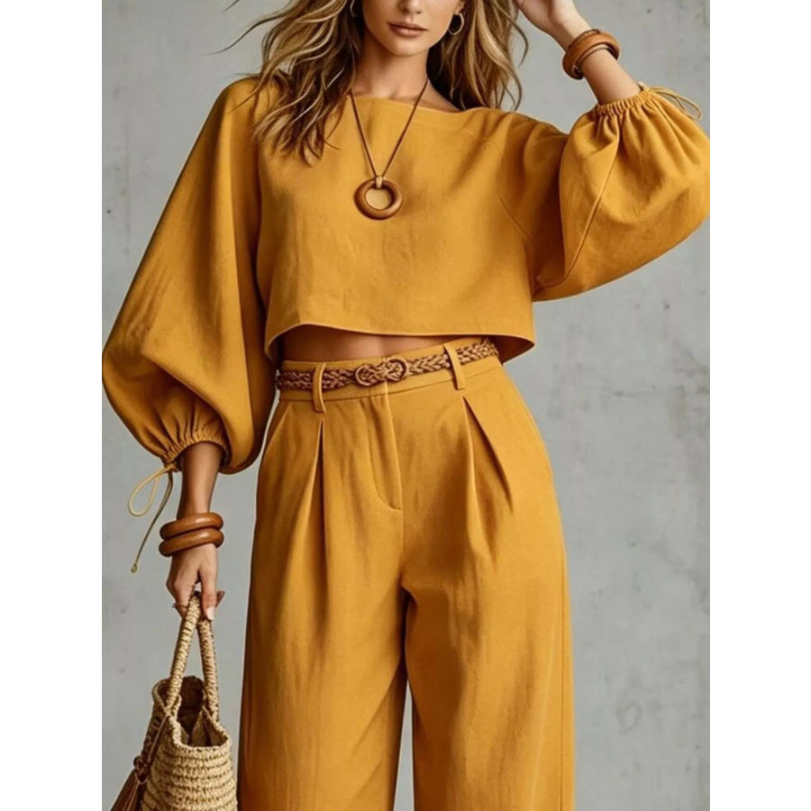 Balloon Sleeve Crop Top and Wide-Leg Pants Set Apparel Accessories
