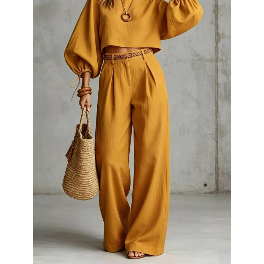 Balloon Sleeve Crop Top and Wide-Leg Pants Set Apparel Accessories