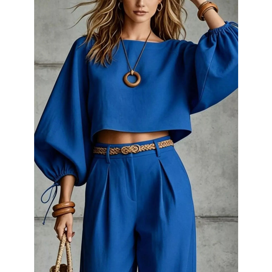 Balloon Sleeve Crop Top and Wide-Leg Pants Set Apparel Accessories
