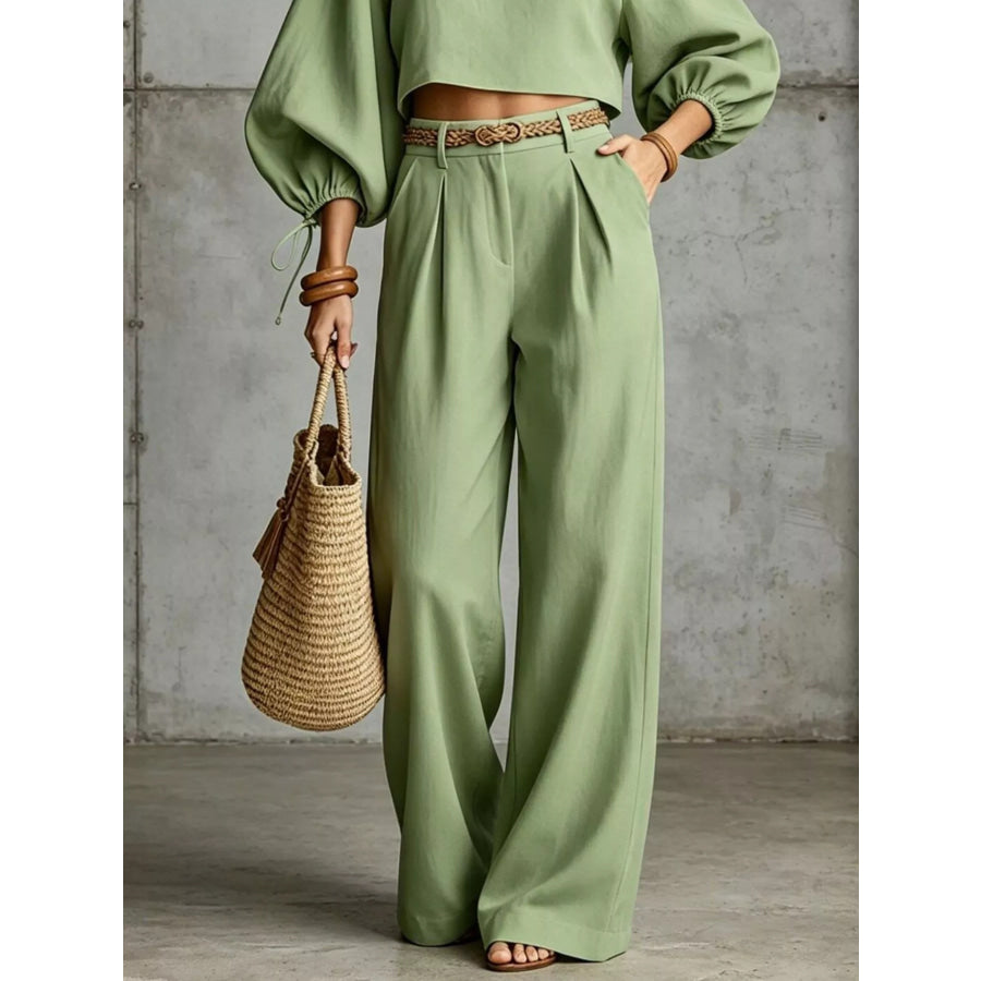 Balloon Sleeve Crop Top and Wide-Leg Pants Set Apparel Accessories