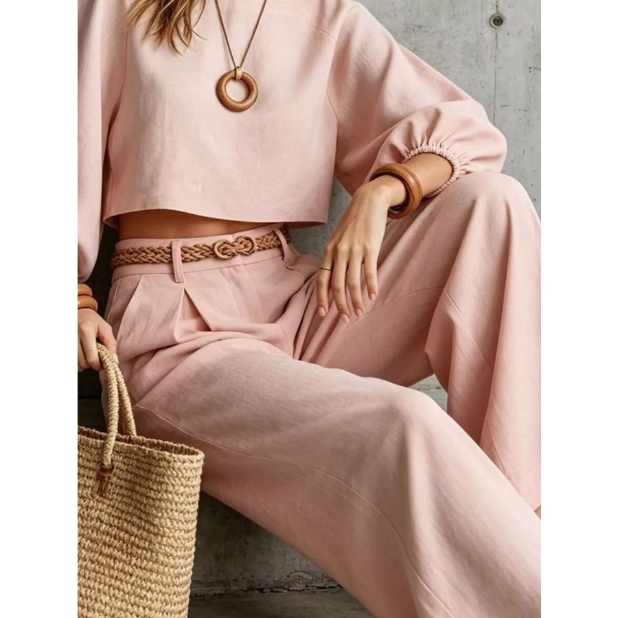 Balloon Sleeve Crop Top and Wide-Leg Pants Set Apparel Accessories
