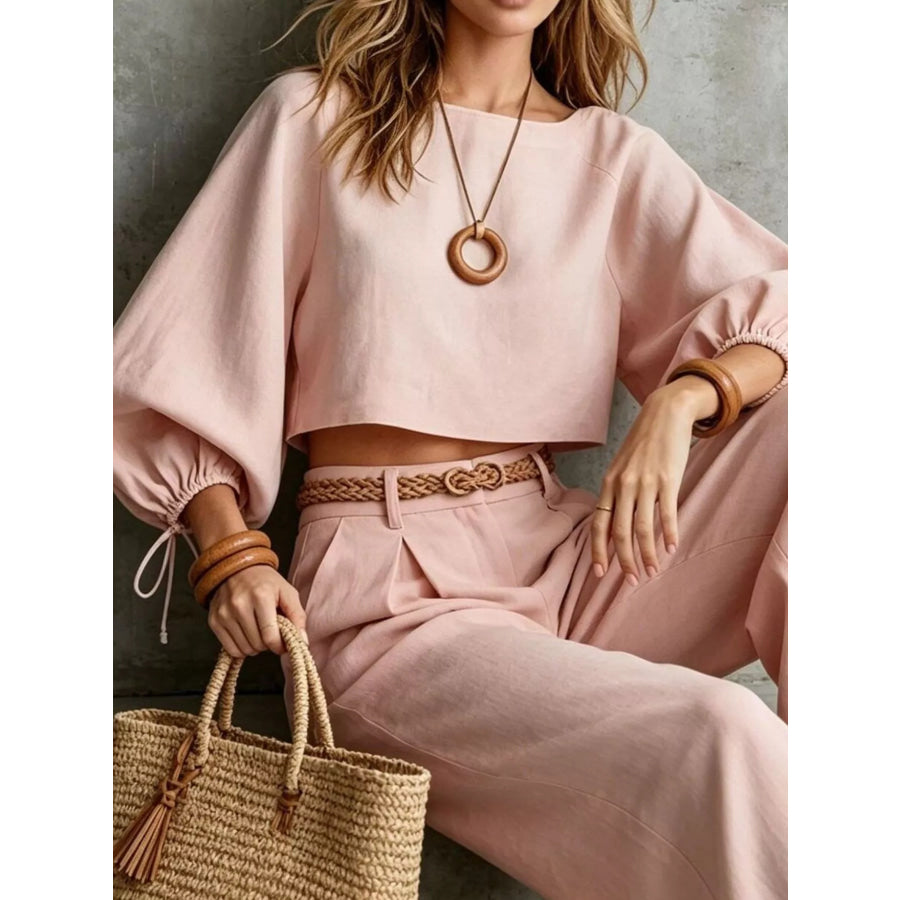Balloon Sleeve Crop Top and Wide-Leg Pants Set Dusty Pink / S Apparel Accessories