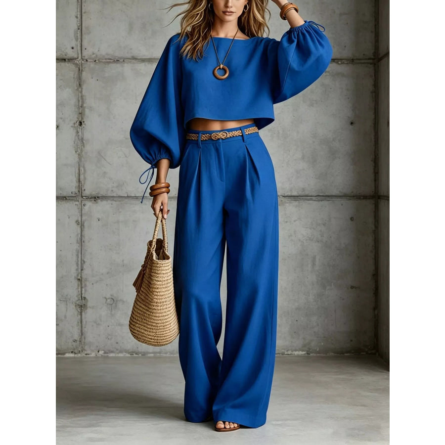 Balloon Sleeve Crop Top and Wide-Leg Pants Set Navy / S Apparel Accessories