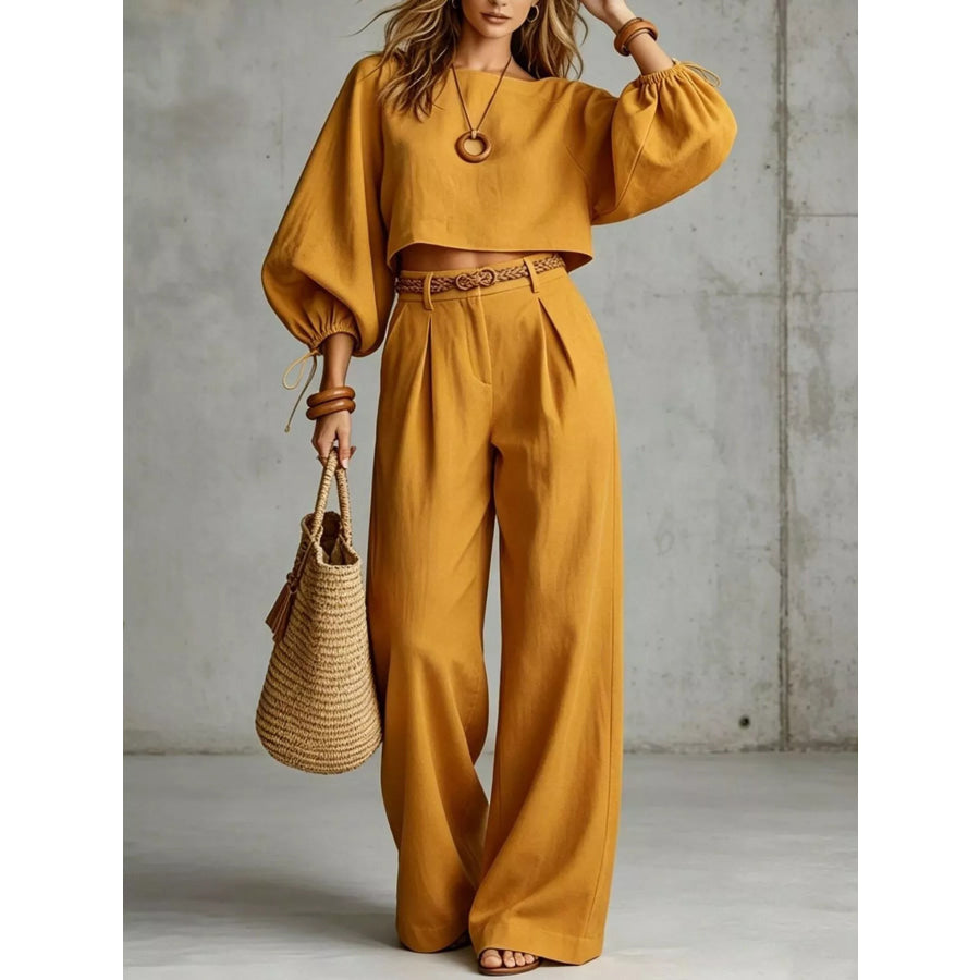 Balloon Sleeve Crop Top and Wide-Leg Pants Set Ochre / S Apparel Accessories