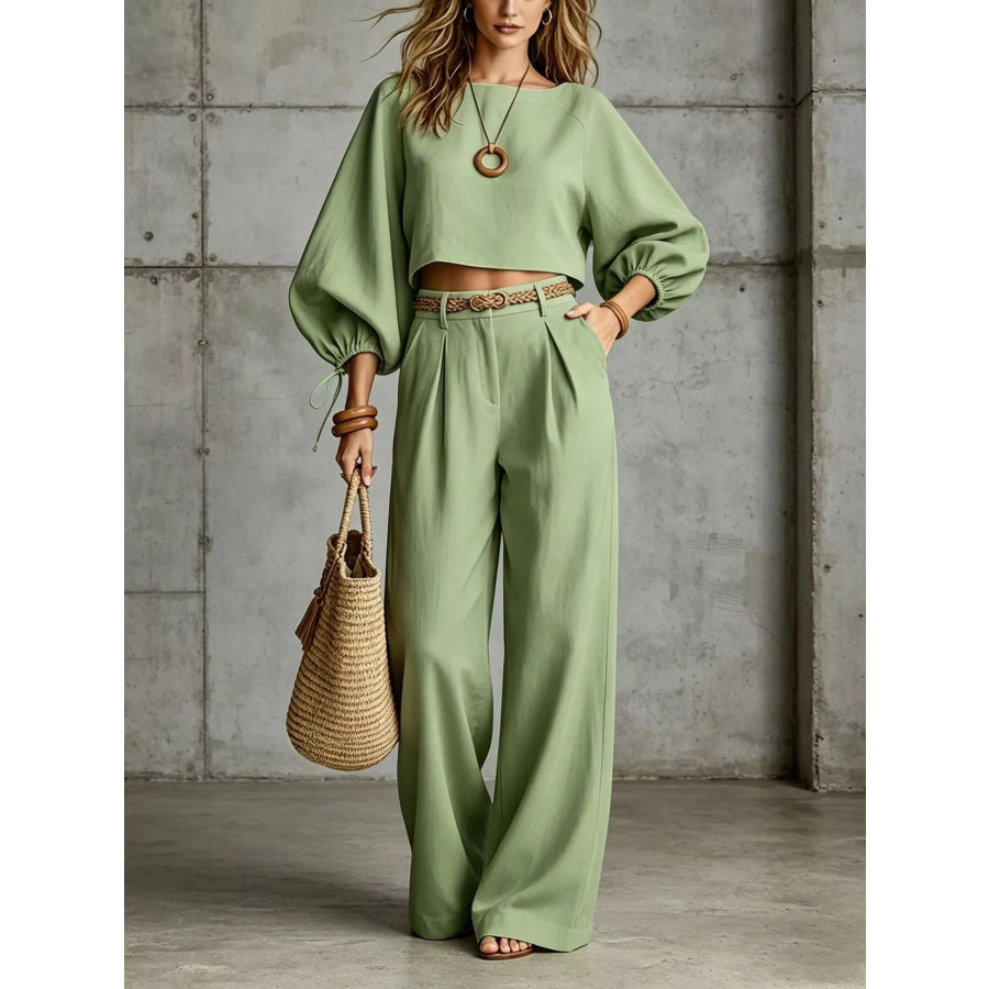Balloon Sleeve Crop Top and Wide-Leg Pants Set Sage / S Apparel Accessories