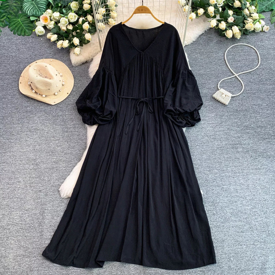 Balloon Sleeve Tie-Waist Dress Apparel and Accessories