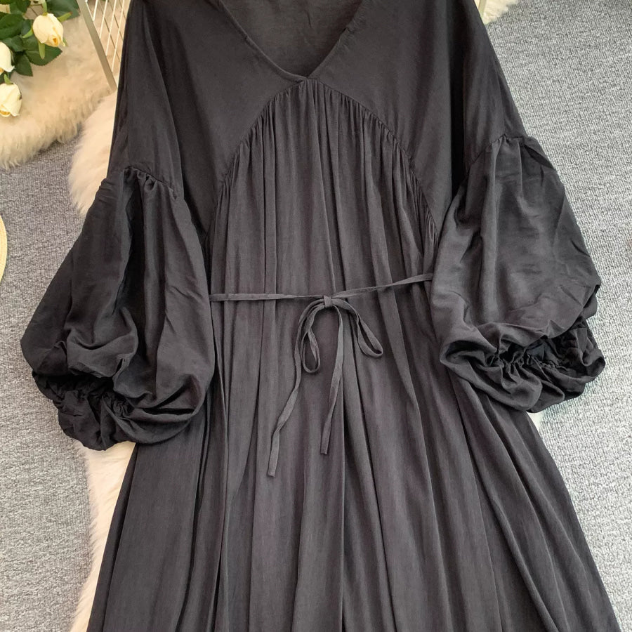 Balloon Sleeve Tie-Waist Dress Black / One Size Apparel and Accessories