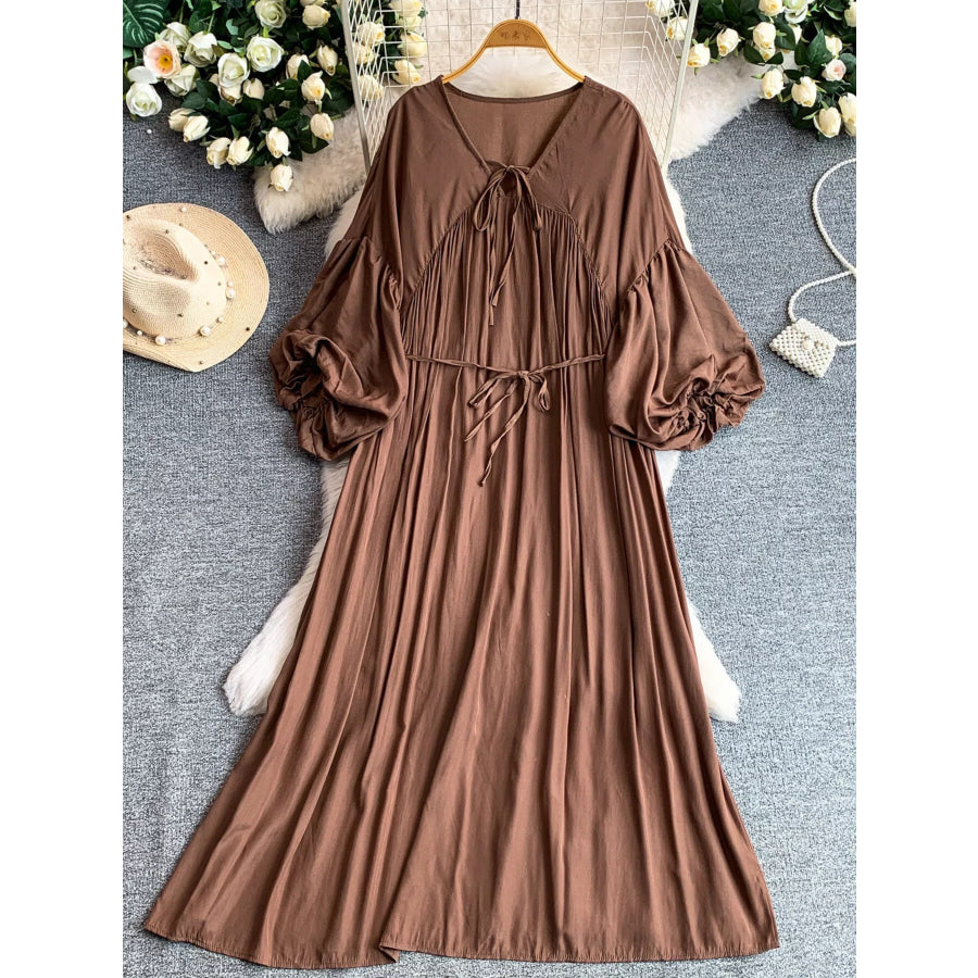 Balloon Sleeve Tie-Waist Dress Brown / One Size Apparel and Accessories