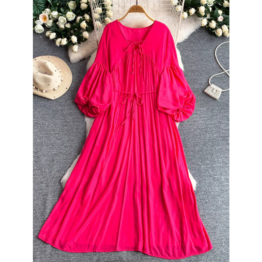 Balloon Sleeve Tie-Waist Dress Fuchsia Pink / One Size Apparel and Accessories