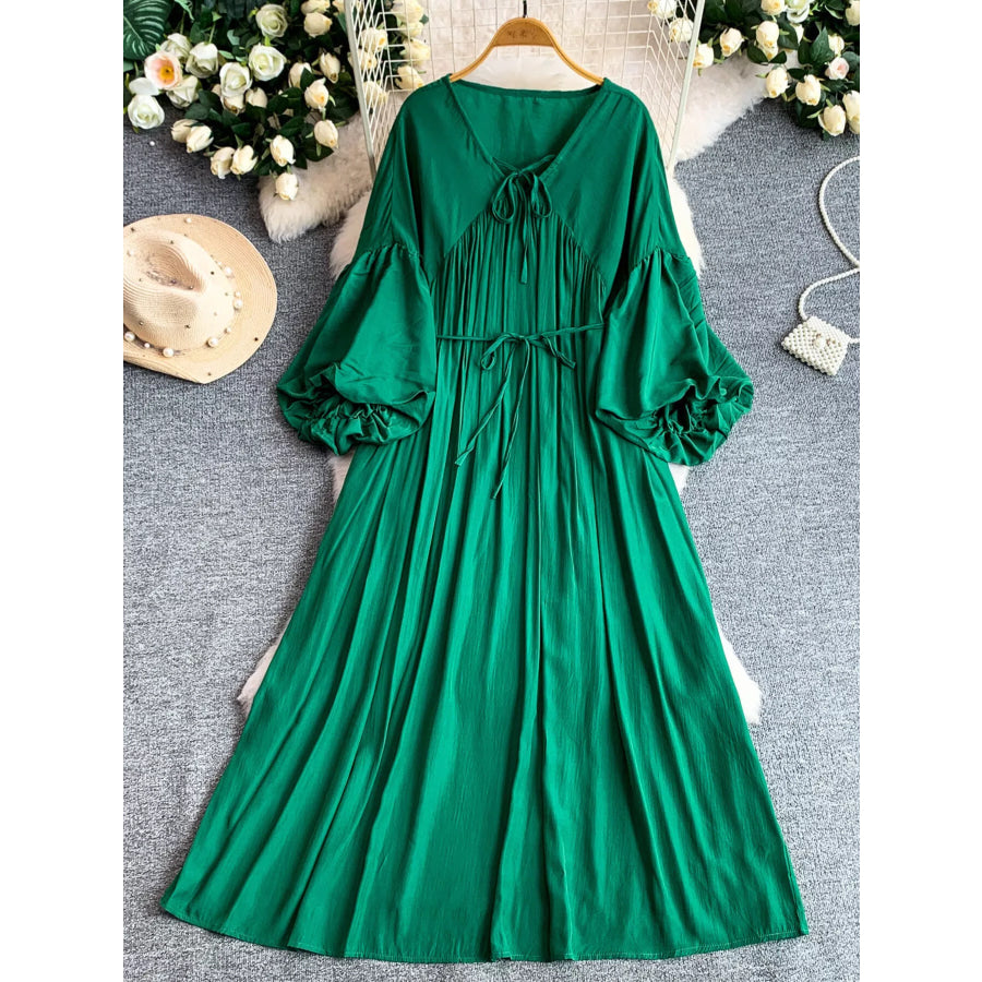 Balloon Sleeve Tie-Waist Dress Green / One Size Apparel and Accessories