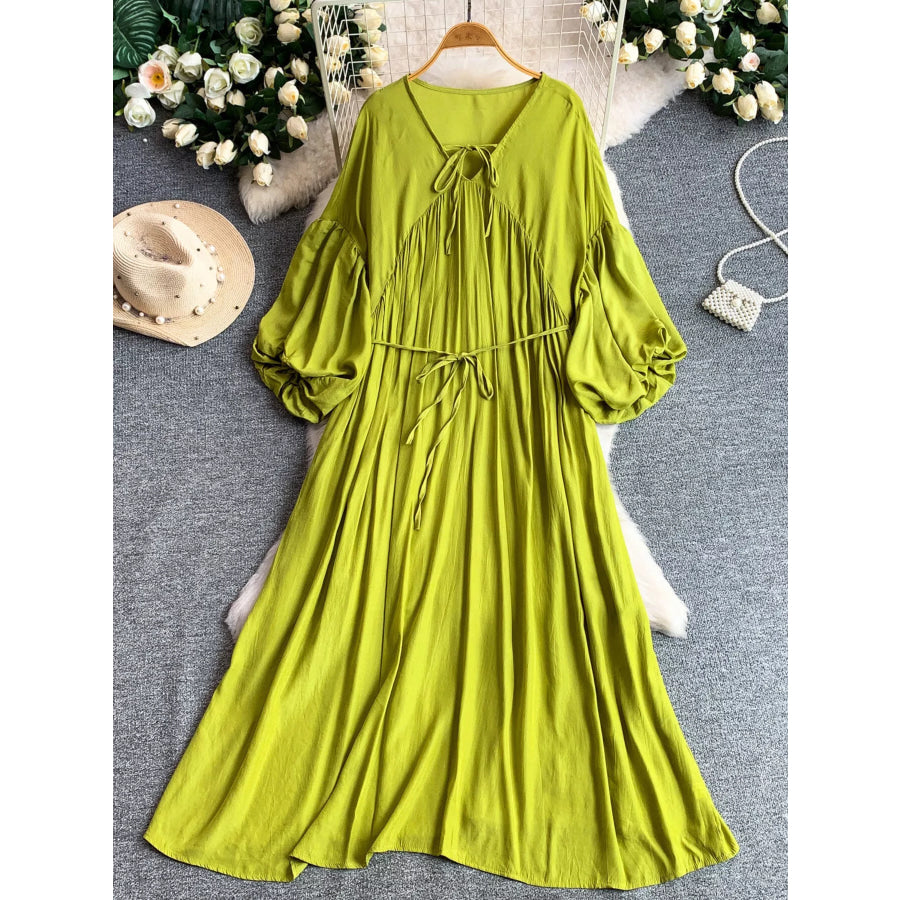 Balloon Sleeve Tie-Waist Dress Light Green / One Size Apparel and Accessories
