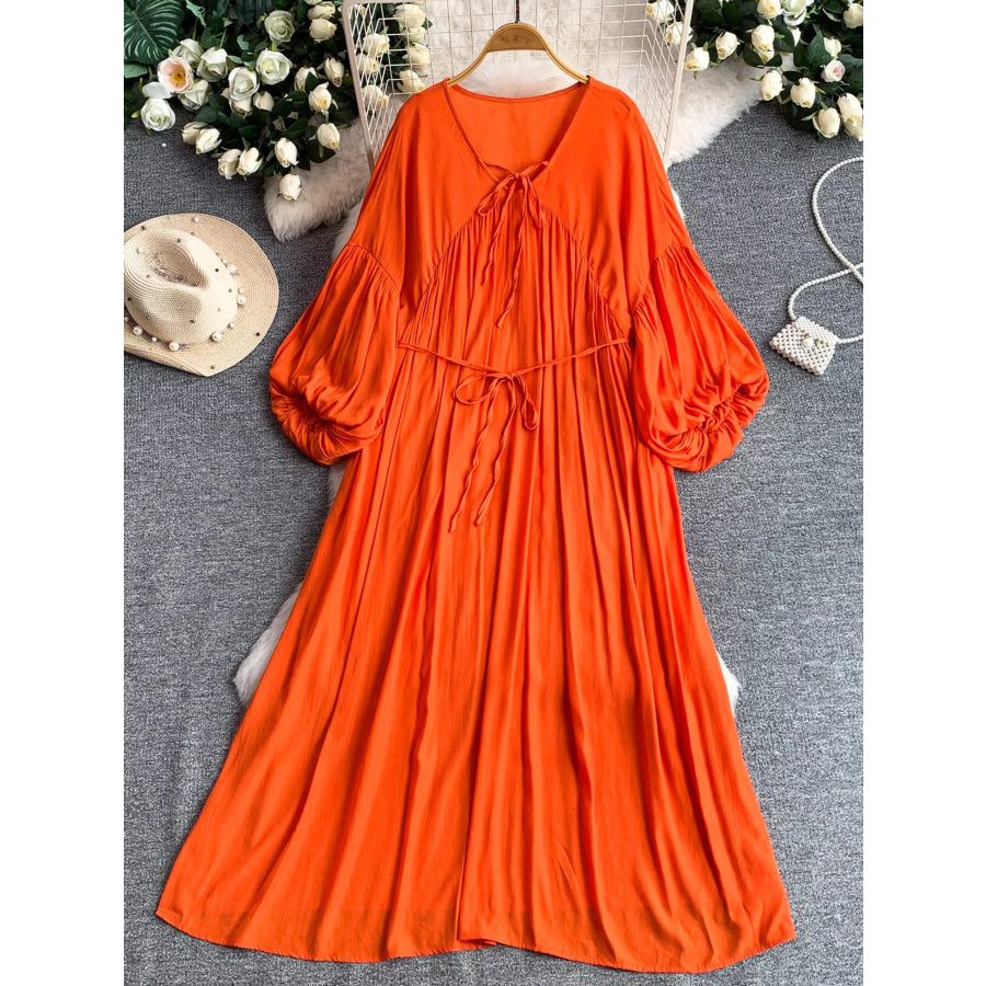 Balloon Sleeve Tie-Waist Dress Orange-red / One Size Apparel and Accessories
