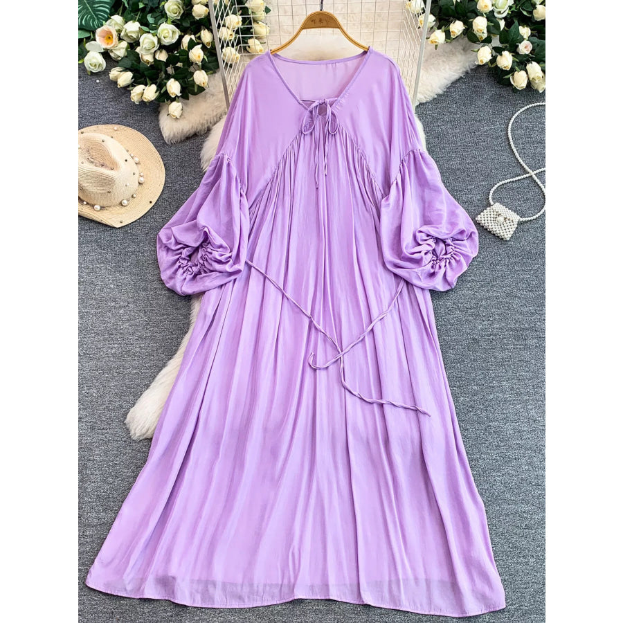 Balloon Sleeve Tie-Waist Dress Purple / One Size Apparel and Accessories