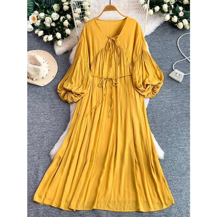 Balloon Sleeve Tie-Waist Dress Yellow / One Size Apparel and Accessories