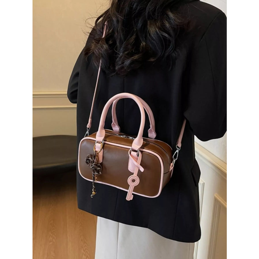 Barrel Crossbody Bag with Key Charm Brown / One Size Apparel and Accessories