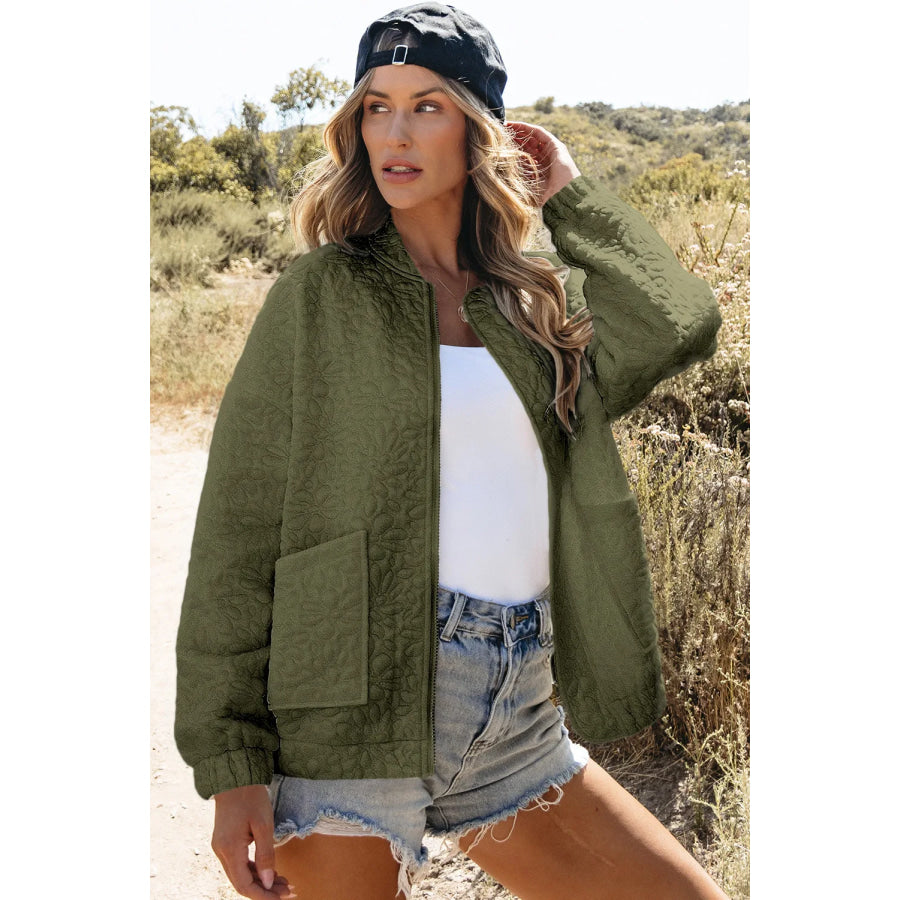 Baseball Collar Floral Quilted Jacket Apparel and Accessories