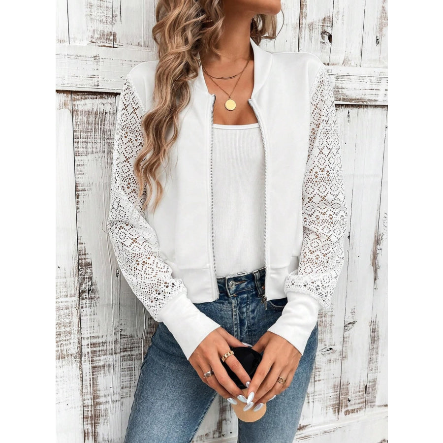 Baseball Collar Lace Patchwork Long Sleeve Jacket White / S Apparel and Accessories