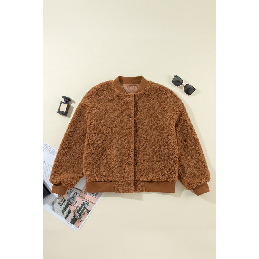 Baseball Collar Long Sleeve Sherpa Jacket Apparel and Accessories