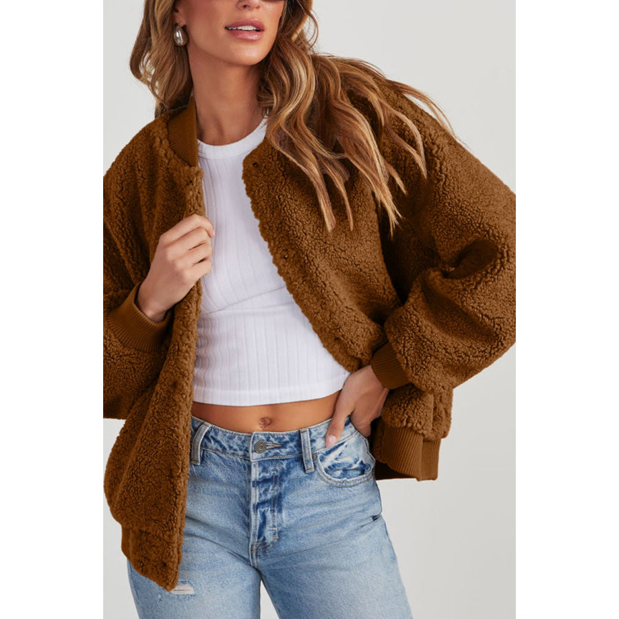 Baseball Collar Long Sleeve Sherpa Jacket Apparel and Accessories