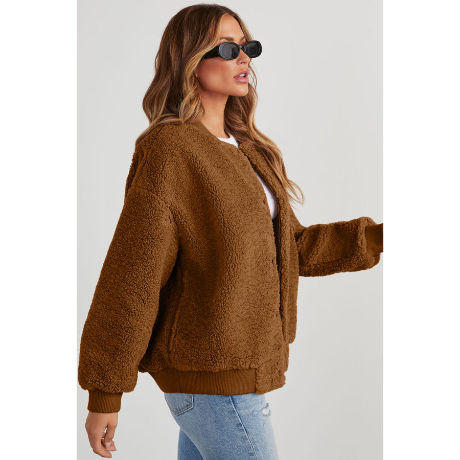 Baseball Collar Long Sleeve Sherpa Jacket Apparel and Accessories