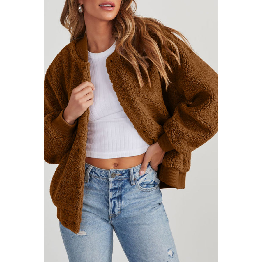 Baseball Collar Long Sleeve Sherpa Jacket Brown / S Apparel and Accessories