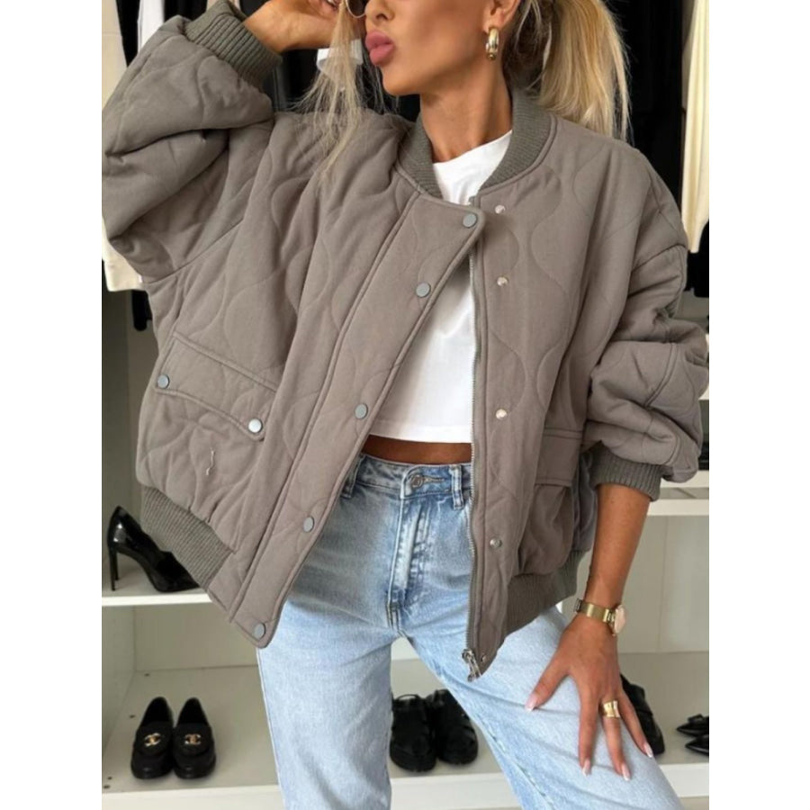 Baseball Collar Snap Down Long Sleeve Jacket Taupe / S Apparel and Accessories