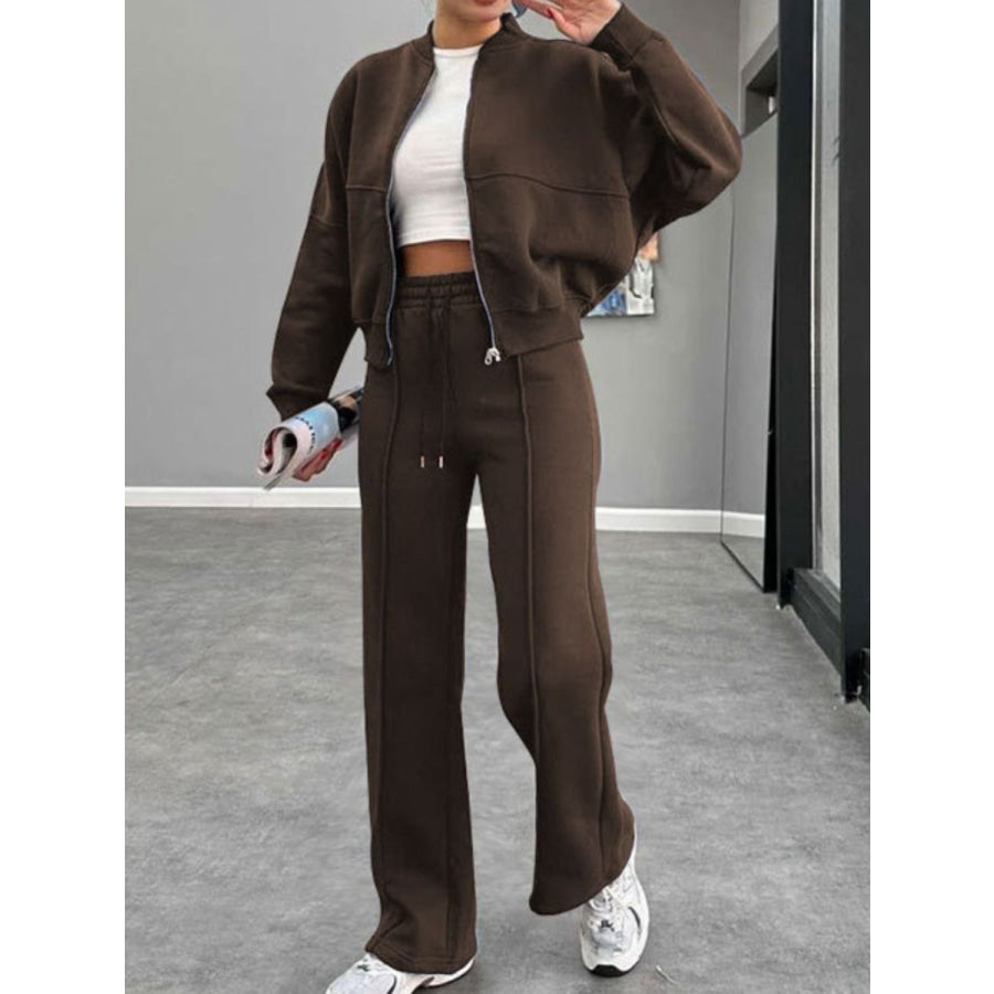 Baseball Collar Zip Up Outerwear and Drawstring Pants Set Coffee Brown / S Apparel and Accessories