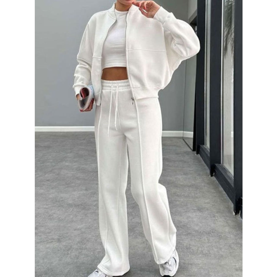 Baseball Collar Zip Up Outerwear and Drawstring Pants Set White / S Apparel and Accessories