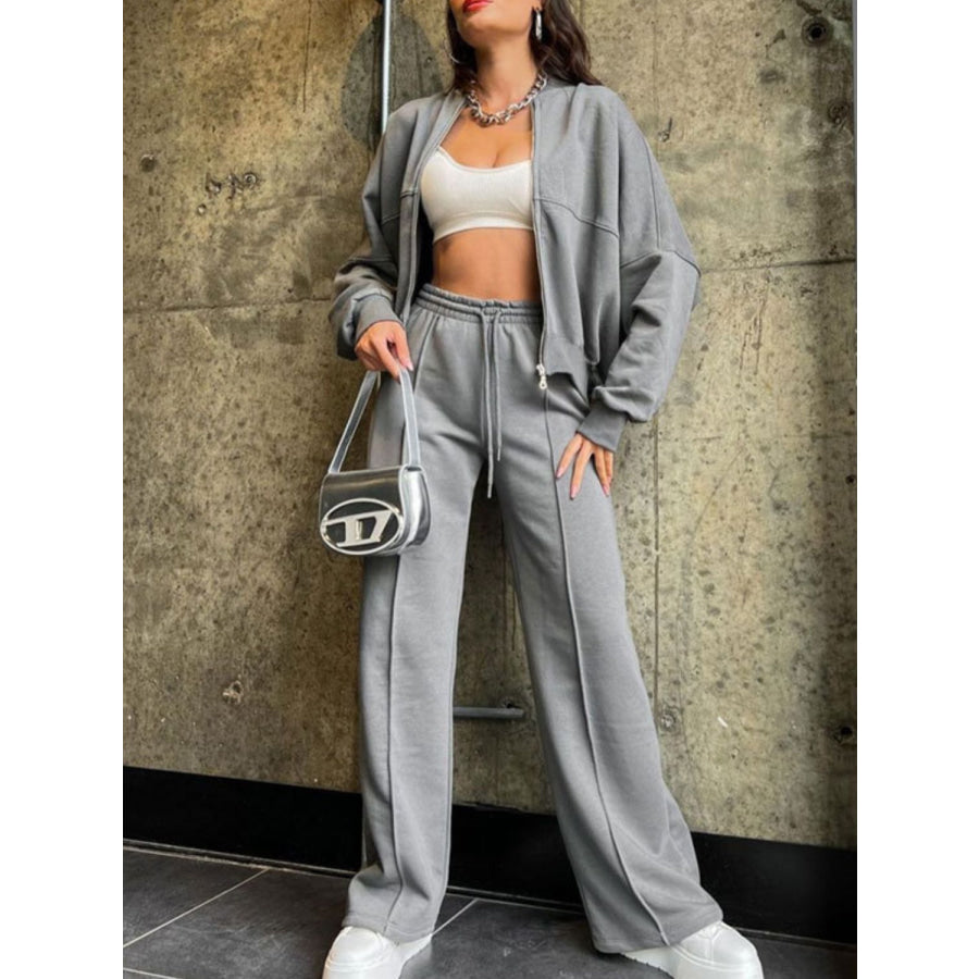 Baseball Collar Zip Up Top and Drawstring Paants Set Gray / S Apparel and Accessories