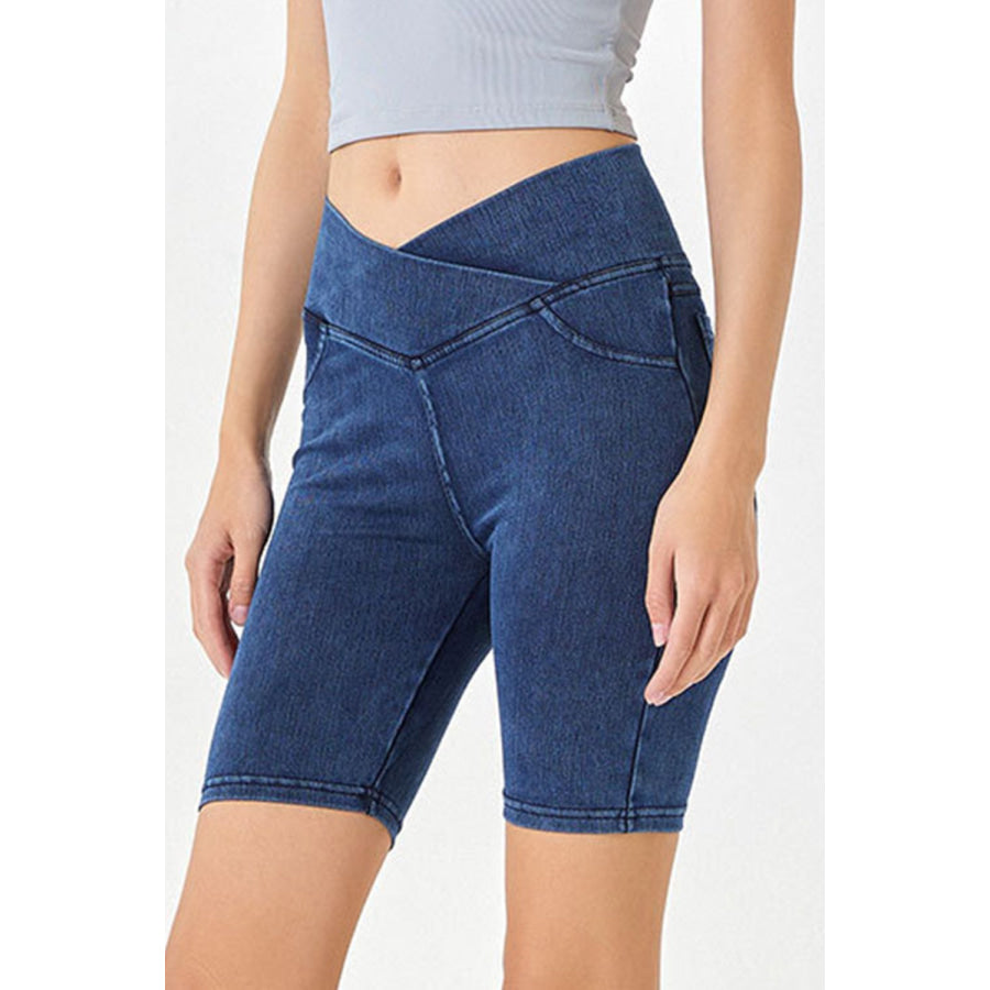 Basic Bae Asymmetrical Waist Denim Shorts with Pockets Apparel and Accessories