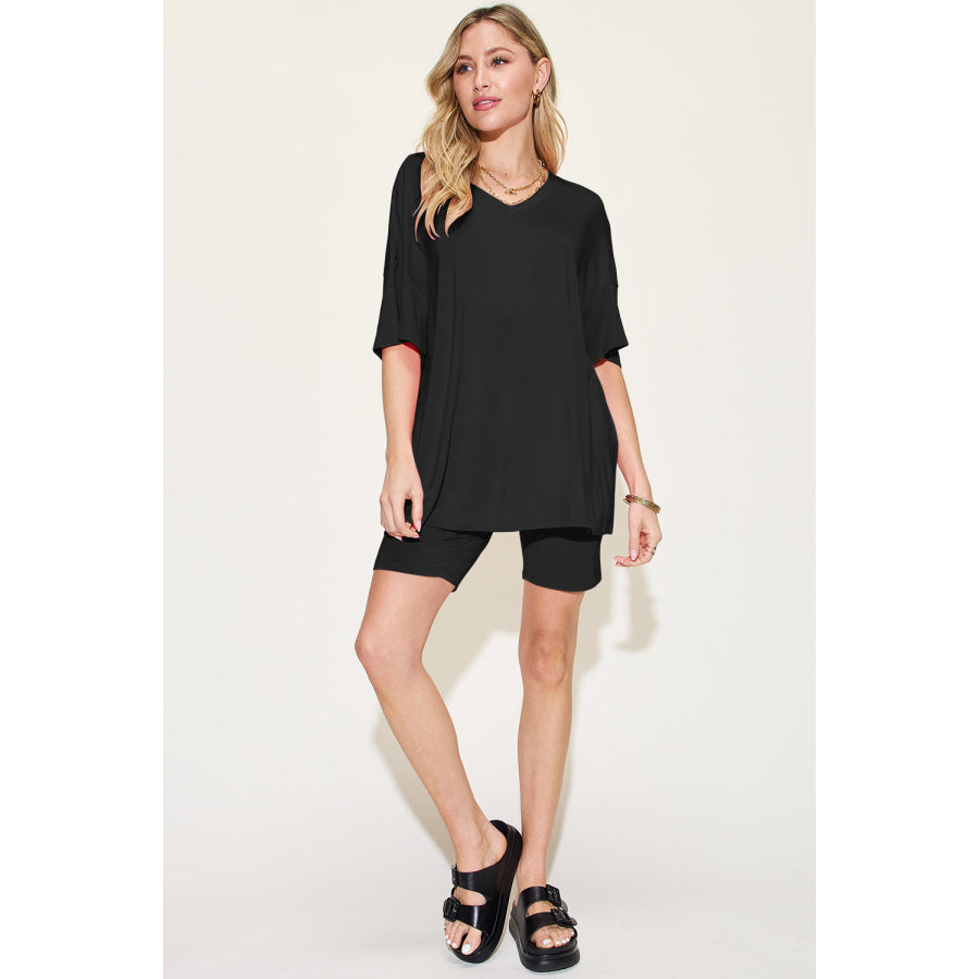 Basic Bae Bamboo Full Size V-Neck Drop Shoulder T-Shirt and Shorts Set Apparel and Accessories