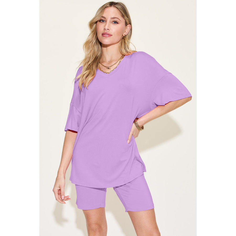 Basic Bae Bamboo Full Size V-Neck Drop Shoulder T-Shirt and Shorts Set Apparel and Accessories