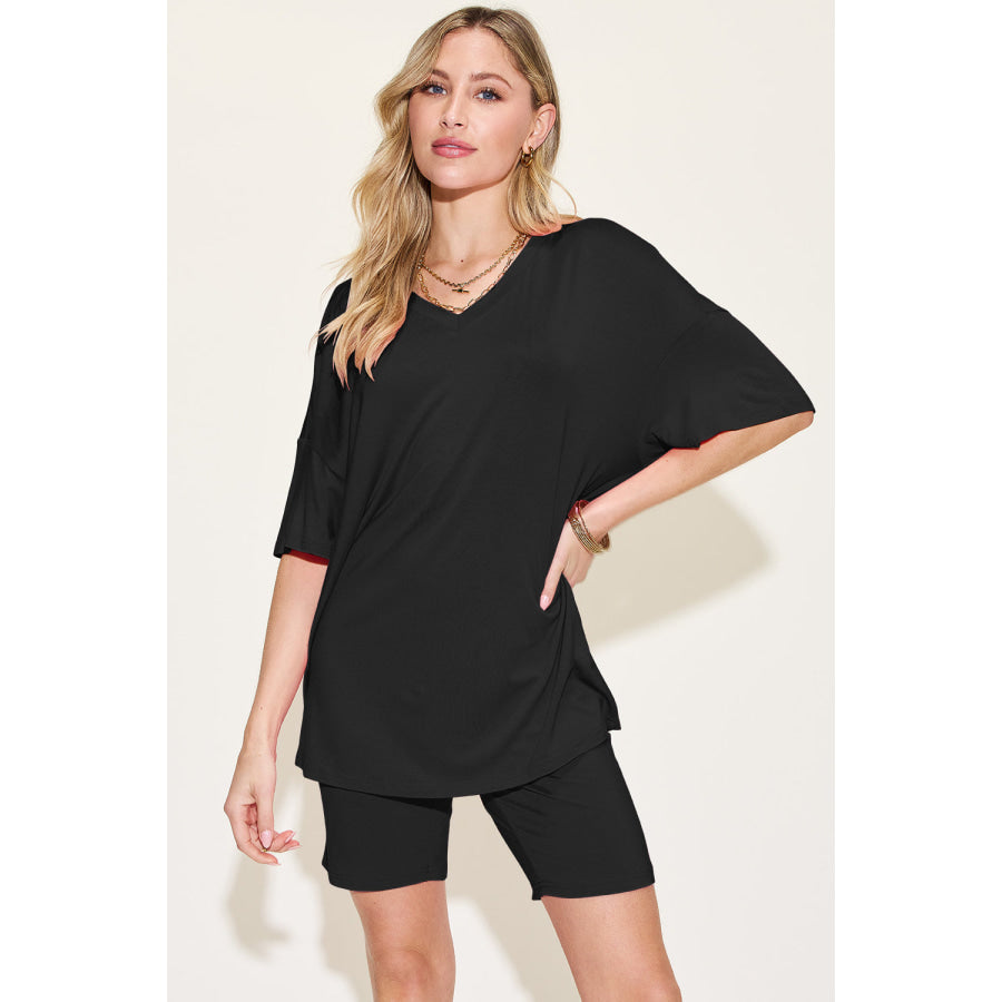 Basic Bae Bamboo Full Size V-Neck Drop Shoulder T-Shirt and Shorts Set Black / S Apparel and Accessories