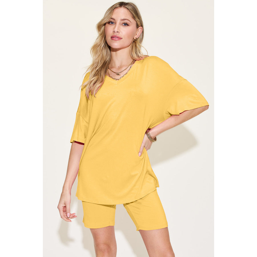 Basic Bae Bamboo Full Size V-Neck Drop Shoulder T-Shirt and Shorts Set Yellow / S Apparel and Accessories