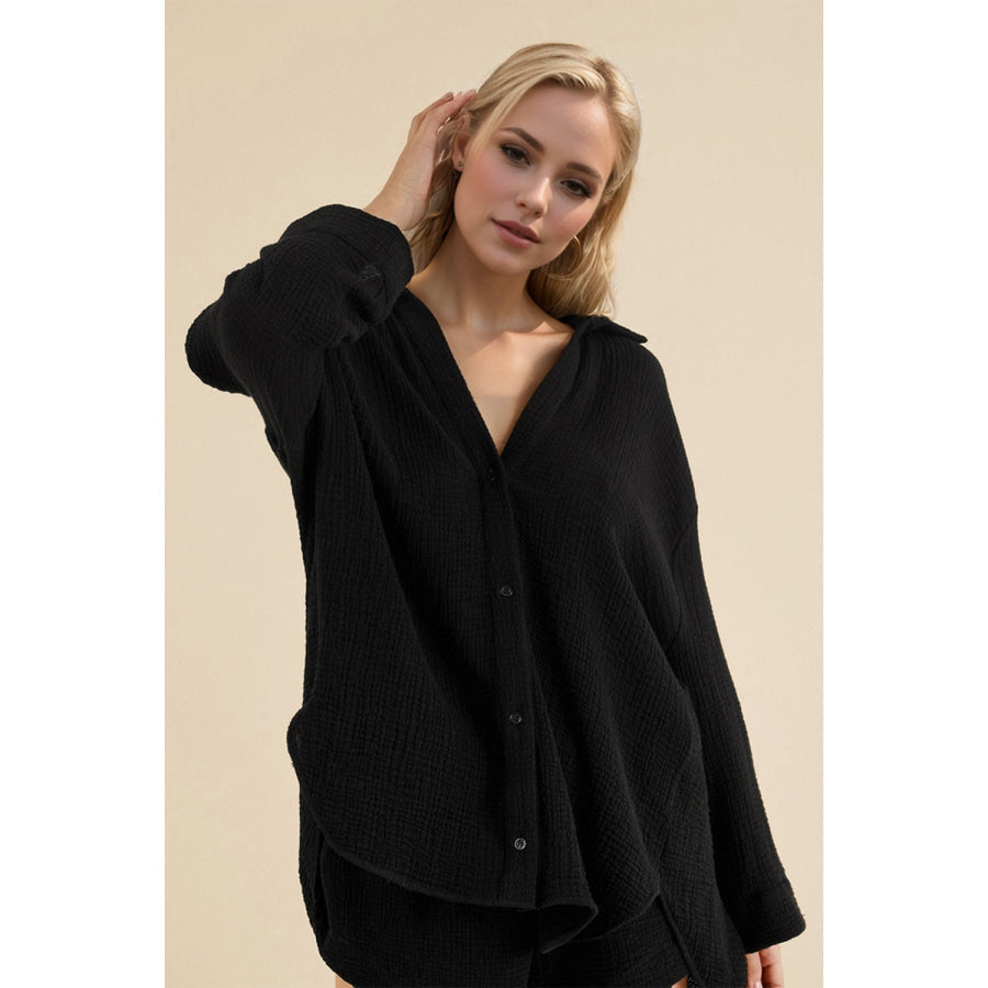 Basic Bae Breathable Button Down Long Sleeve Top and Shorts Set Black / S Apparel and Accessories