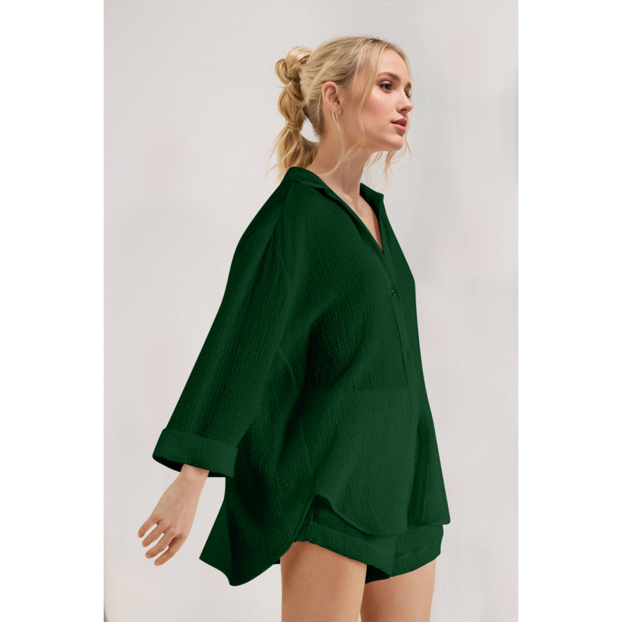 Basic Bae Breathable Button Down Long Sleeve Top and Shorts Set Dark Green / S Apparel and Accessories